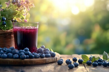 Wall Mural - Refreshing blueberry juice next to a basket of blueberries in a sunlit garden