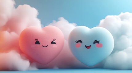 Canvas Print - Two cute cartoon hearts with smiling faces, floating in the clouds.