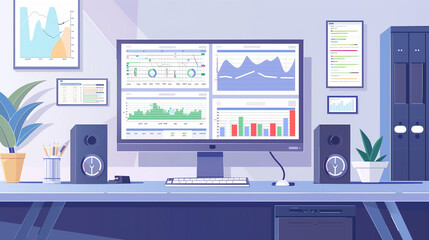 Wall Mural - home office setup with screens showing a data science project, charts, and machine learning algorith
