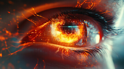 A surreal close-up of a futuristic eye, emitting a soft glow and surrounded by intricate designs, mirroring symbols of artificial intelligence and technology, with a digital grid pattern in the backgr