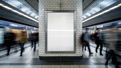 a group of people are walking through a subway station with a large white sign in the middle. the si