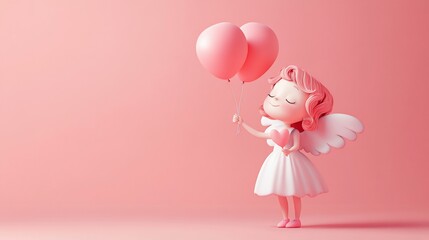 Canvas Print - Cute cartoon angel girl with balloons on pink background.