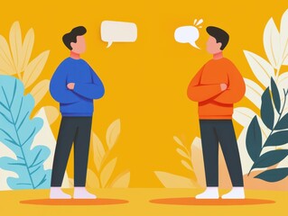 Poster - Two individuals face each other in conversation against a vibrant yellow background, surrounded by decorative foliage, representing communication and connection.