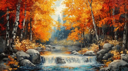 Poster - Small waterfall flowing through autumn forest painting