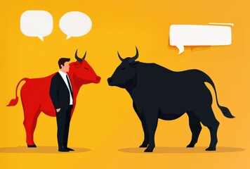Poster - A businessman communicates with a red bull and a black bull, symbolizing bullish and bearish market trends in a bright, colorful setting.