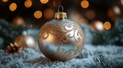 Wall Mural - A shiny silver and gold Christmas bauble featuring intricate lace patterns and a satin ribbon.