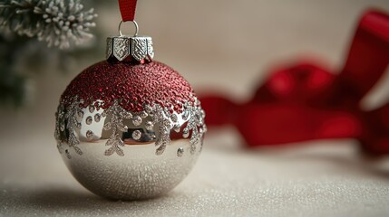 Wall Mural - A shiny silver bell ornament with red ribbon accents, isolated on a white background.