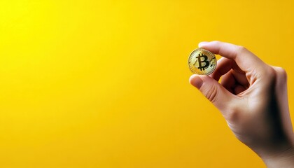 Poster - A hand holds a shiny golden coin against a vibrant yellow background, symbolizing wealth, investment, and prosperity.