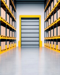 Poster - Logistics and warehouse concepts. A clean and organized warehouse aisle lined with storage shelves, leading to a yellow-framed door.