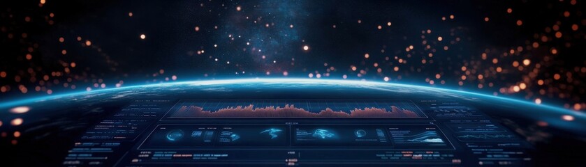 Fototapete - A futuristic digital interface illustrates a view of Earth from space, surrounded by stars and cosmic elements, emphasizing technology and exploration.