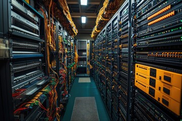 Wall Mural - server room corridor with blinking led lights showing working datacenter