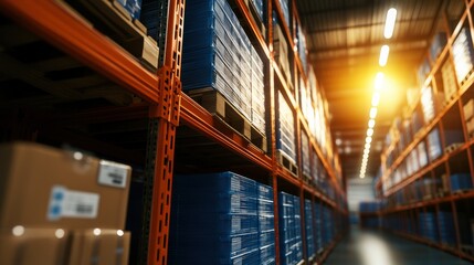 Poster - Logistics and warehouse concepts. A modern warehouse interior featuring stacked pallets on shelves with boxes, illuminated by warm overhead lighting.
