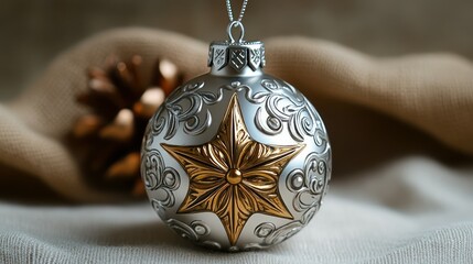 Wall Mural - A silver Christmas star ornament with fine engravings, standing out on a plain white background.