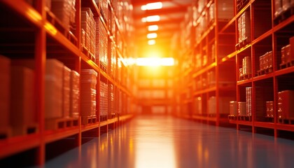 Poster - A warehouse aisle bathed in warm sunlight, showcasing shelves filled with packages, creating a serene yet industrious atmosphere.