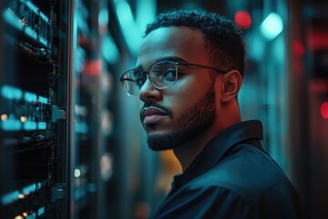 Poster - It specialist working with server rack in data center: monitoring network performance and cybersecurity