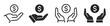 © Comauthor - Money in hand icons set. Save money sign. Cash, loan, coin, dollar, saving, budget, earning money, revenue symbol. Hands holding dollar coin flat and line style - stock vector.