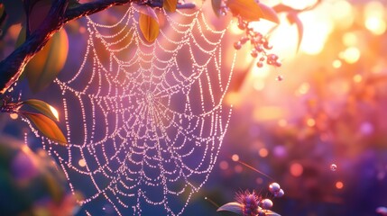 Intricate spider web adorned with shimmering dew drops capturing the beauty of nature s morning light