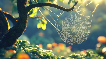 intricate spider web glistening on a tea tree showcasing nature s craftsmanship and delicate balance