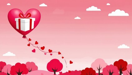 Gift box with heart balloon floating it pink sky, Happy Valentine's Day banners, paper art style. Love concept for happy mother s day, valentine s day, birthday day. Copy space background