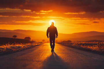 Wall Mural - Silhouetted man walking on a deserted road during sunset