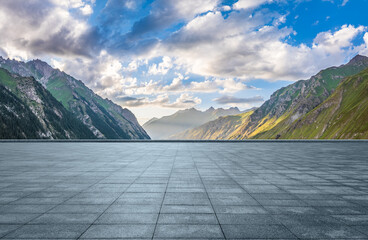 Wall Mural - empty square floor and mountain natural landscape at sunset. car background.