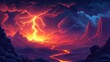 © SAQUEEN - A dramatic landscape with a fiery sky, a lightning bolt striking a river of lava and rocky mountains in the background.