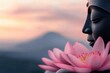 © JP STUDIO LAB - Buddha in peaceful meditation lotus flowers sunrise mountain backdrop symbolizing mindfulness spiritual connection, with copy space for text