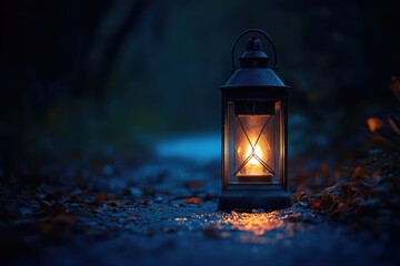 Wall Mural - Luminous lantern illuminating dark forest path at night
