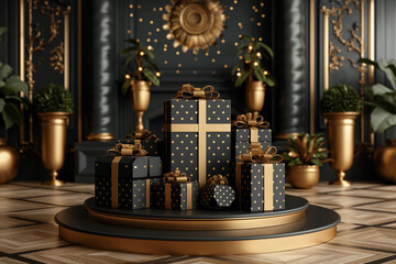 Wall Mural - A group of black and gold presents are arranged on a pedestal in a room