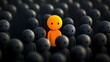 © Khaligo - Orange toy standing out from dark crowd: concept of diversity and uniqueness