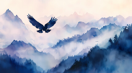 Poster - A watercolor painting of a majestic eagle soaring over a range of mist-covered mountains, with the morning light creating a serene and ethereal atmosphere. Majestic. Illustration