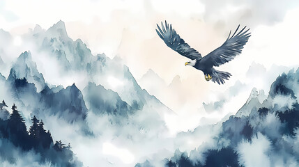 Poster - A watercolor painting of a majestic eagle soaring over a range of mist-covered mountains, with the morning light creating a serene and ethereal atmosphere. Majestic. Illustration