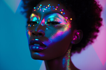 Beautiful black party girl with night bright glowing shiny neon make-up.