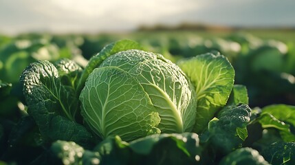 A close-up shot of a cabbage growing in the field