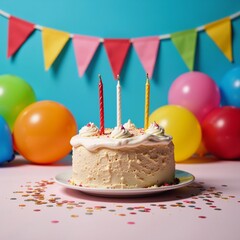 Festive holiday card featuring a birthday celebration with balloons cake and confetti on a blue backdrop adorned with colorful flags