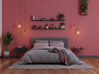 A contemporary bedroom with a grey bed. pink walls. black shelves. and white bedding The bed is dressed in a grey throw blanket and has a pair of grey throw pillows on the headboard There are two nigh