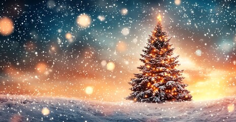 Wall Mural - A beautiful Christmas tree with lights stands in the snow at night, with a star on top and a snowy landscape behind it. The sky is dark blue with stars and orange clouds 