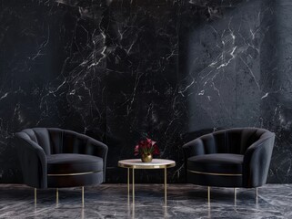 Two black velvet armchairs with a black marble coffee table and a vase of dried flowers in front of a black marble wall