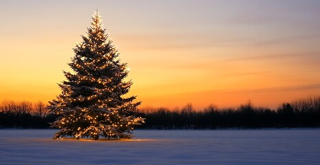 Wall Mural - A beautiful Christmas tree with lights stands in the snow at night, with a star on top and a snowy landscape behind it. The sky is dark blue with stars and orange clouds 