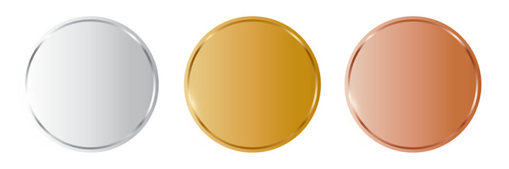 Gold, silver, bronze circle medals. Metal coins. First, second, third place award frames isolated on transparent background. Winners trophy. Blank shiny badge, label. Realistic vector illustration.