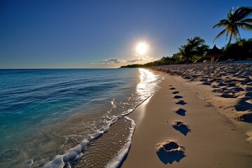 An early morning beach with footprints in the sand leading towards the water, bathed in soft sunlight