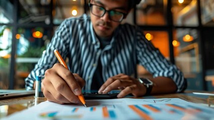 Poster - This focused individual examines data charts while using a calculator at a bright workspace.