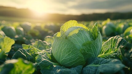 Wall Mural - A close-up shot of a cabbage growing in the field