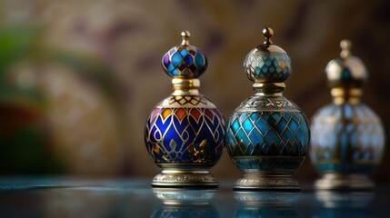 Close-up of traditional Dubai perfume bottles with Arabic designs. Copy space