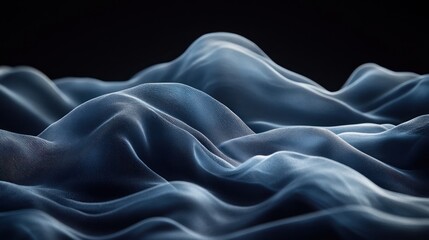 Wall Mural - abstract blue fabric waves with soft shadows against a dark background.
