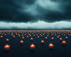 Field of candles under a cloudy, grey sky