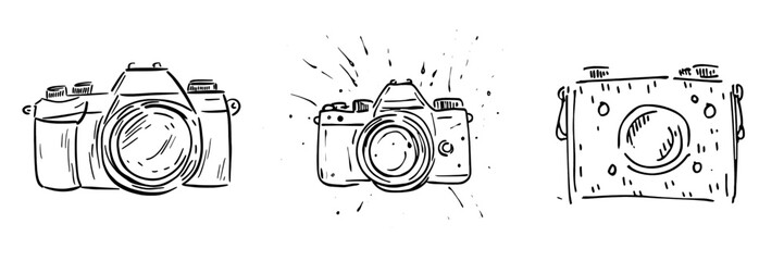 A doodle illustration of a camera isolated on a white background. A hand drawn camera icon. Modern illustration.