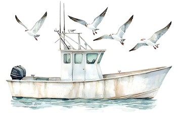 Wall Mural - Watercolor Painting of a Fishing Boat with Seagulls.