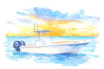 Wall Mural - Watercolor painting of a boat on the water with a sunset sky in the background.