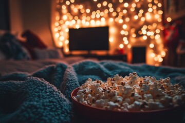 a cozy living room set up for a christmas movie night, featuring a bowl of popcorn, warm blankets, a